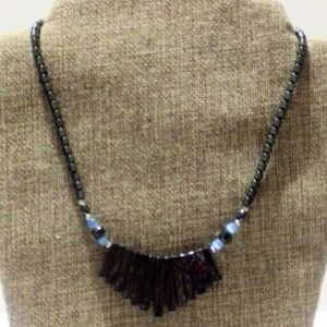 Vintage Blue Catseye Accented Hematite Bar Bib Necklace